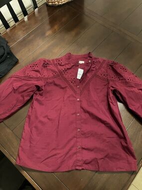 LOFT Wine Eyelet Button-Front Blouse